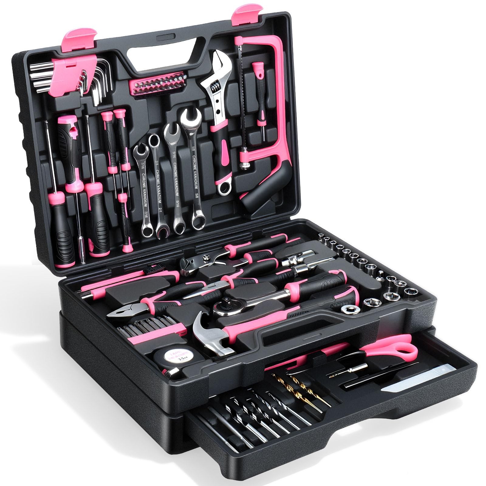 Tool Set- 412 Piece Home Repair/Auto 16" L x 11.38" W x 4.4" H, Pink 