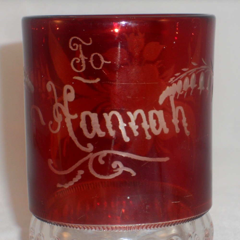 Antique Ruby Flash Glass Beautiful Etched Flower and Dedication to Hannah
