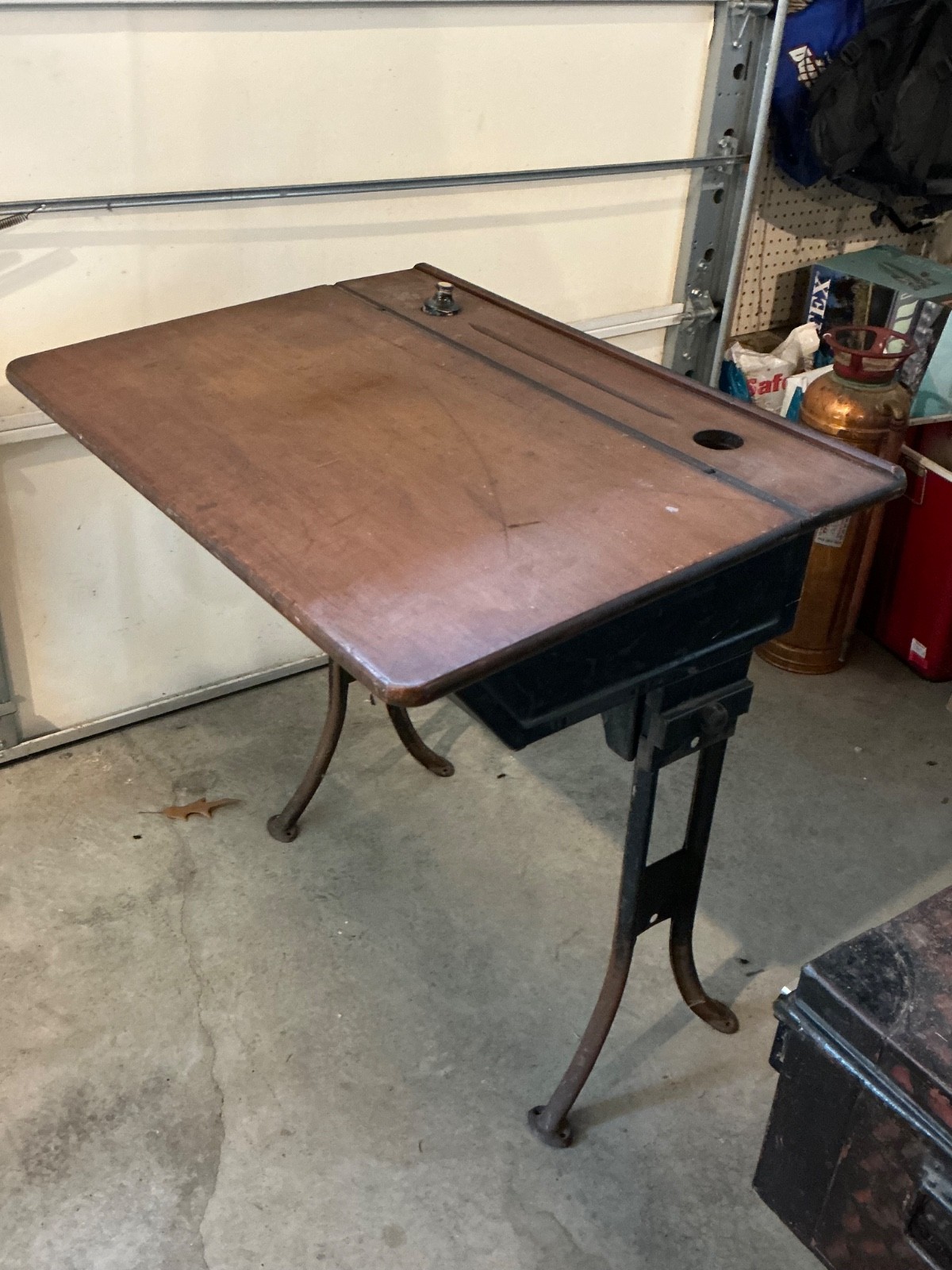 Vintage Industrial Child's School Desk with Inkwell and Metal Legs