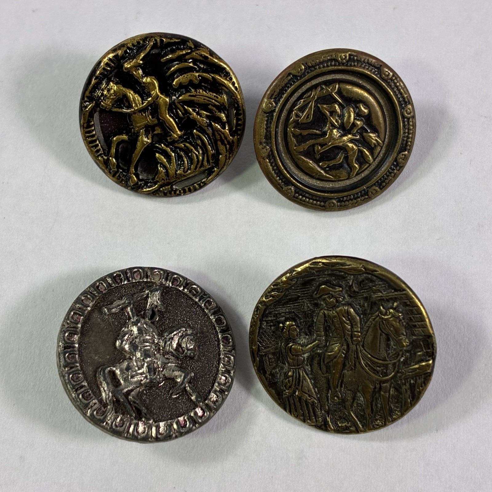 4 Vintage Relief Horse Buttons Soldiers Riding Horse Metal Picture Buttons