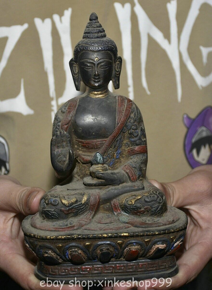 7.2" Old Tibet Bronze Paintings Buddhism Shakyamuni Amitabha Buddha Statue