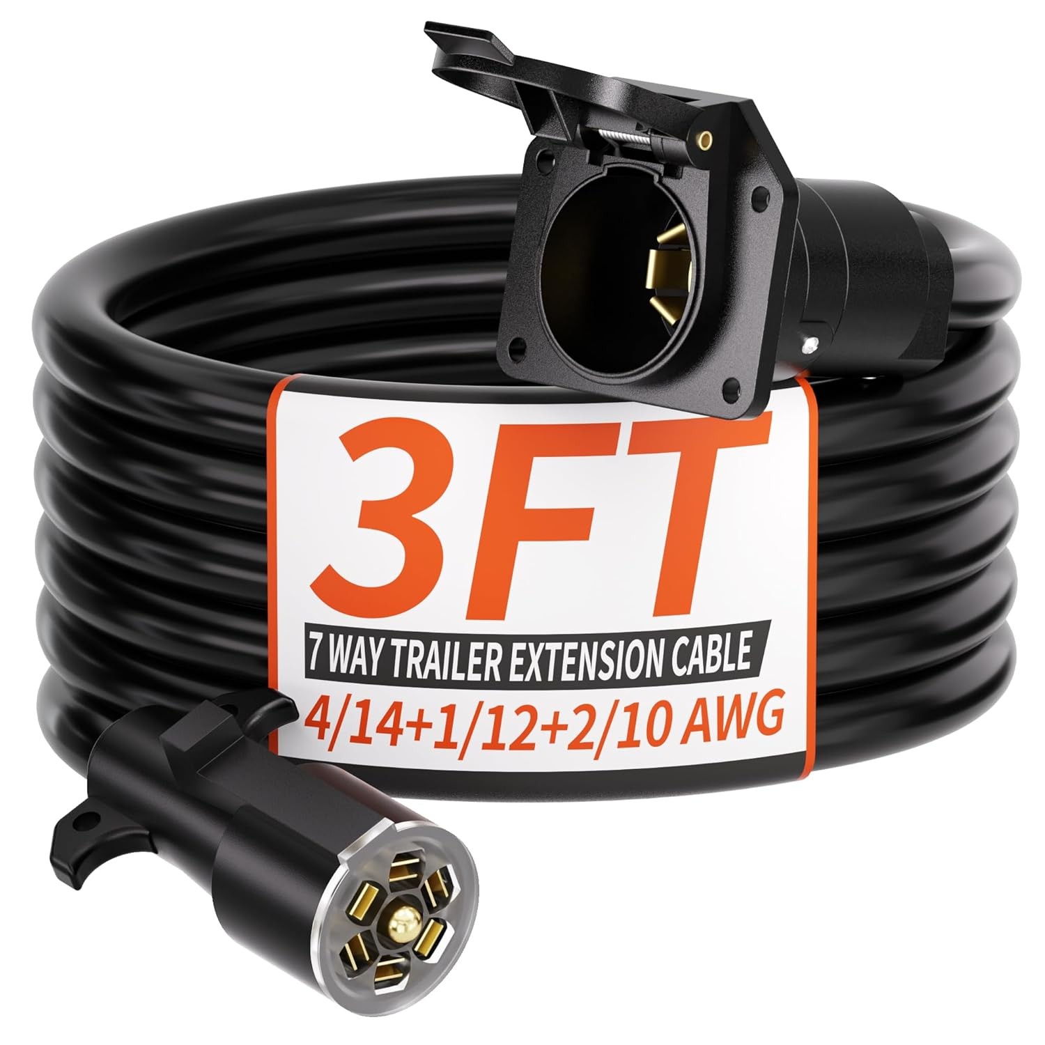 3 FT 7 Way Trailer Plug Heavy Duty Cord 4/14+1/12+2/10 AWG 7 Pin Trailer Wiring 