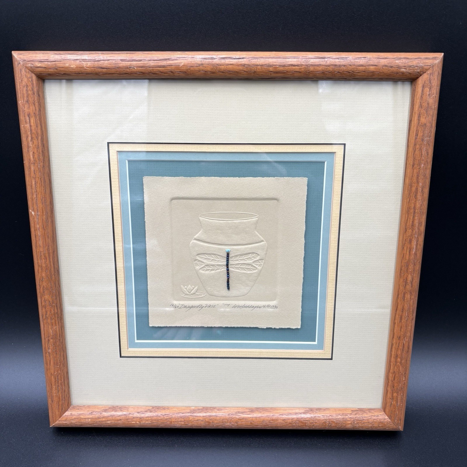 Laura Woolschlager Mix Media Art Print Native American “Dragonfly Vase” 1990 COA