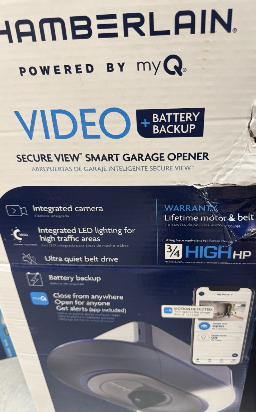 Chamberlain Secure View Smart Garage Opener myQ 3/4 HP Camera LED Battery Belt