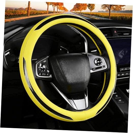 New Leather Car Steering Wheel Cover, Non-Slip Car Wheel Cover Protector Yeiiow