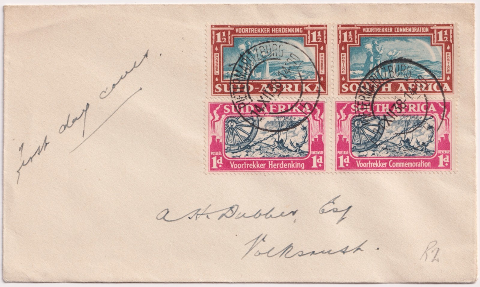 1938 South Africa Voortrekker Commemoration FDC Pietersburg Cancel Clean Cover