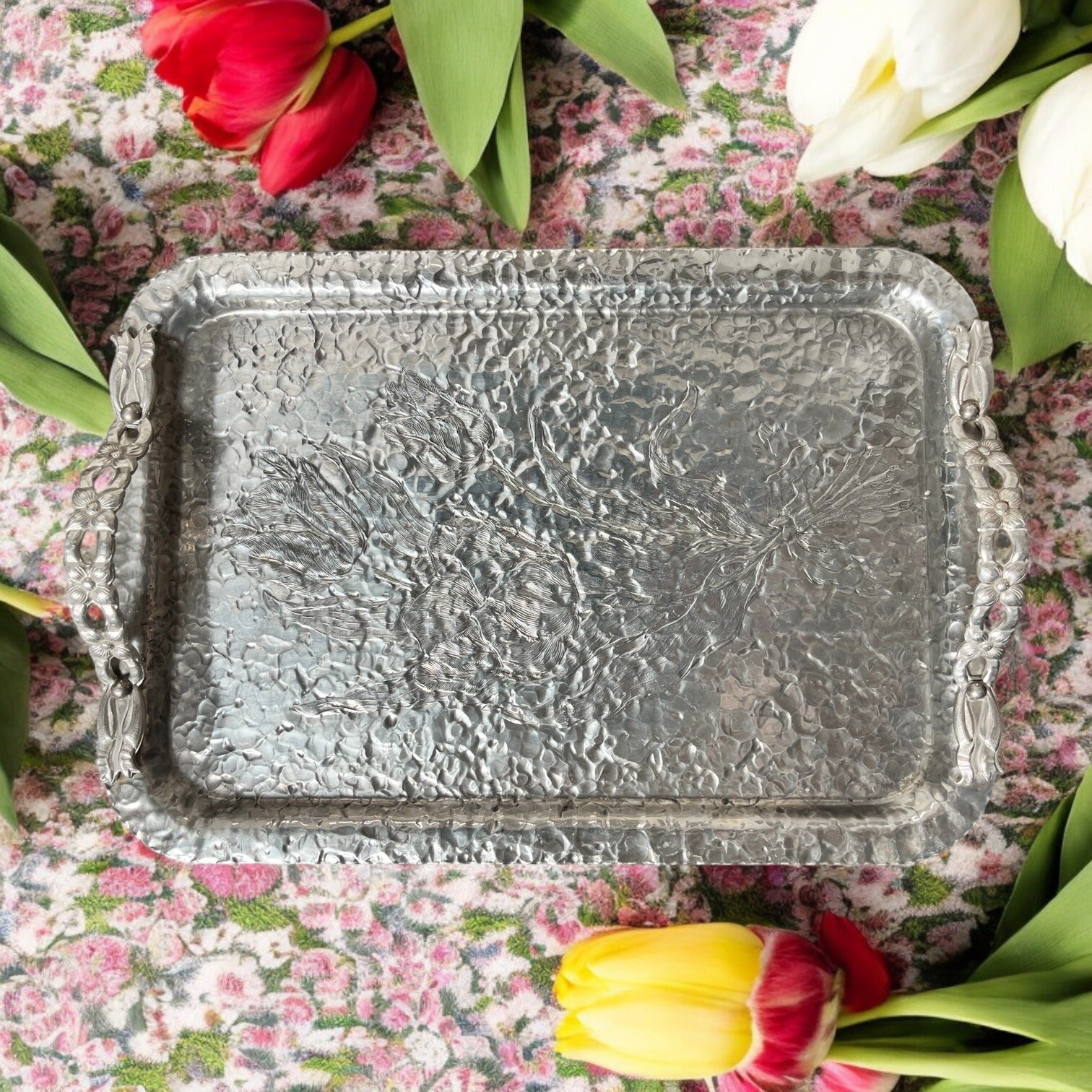 Hammered Aluminum Serving Tray Handled Hand Wrought Tulip Floral Pattern Vintage
