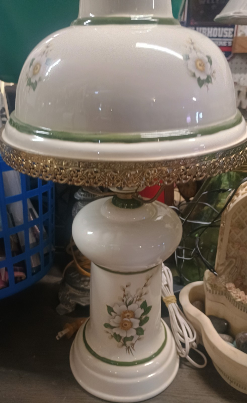 Ceramic Floral Table Lamp with Dome Shade, Green Trim, Ornate Gold Accent