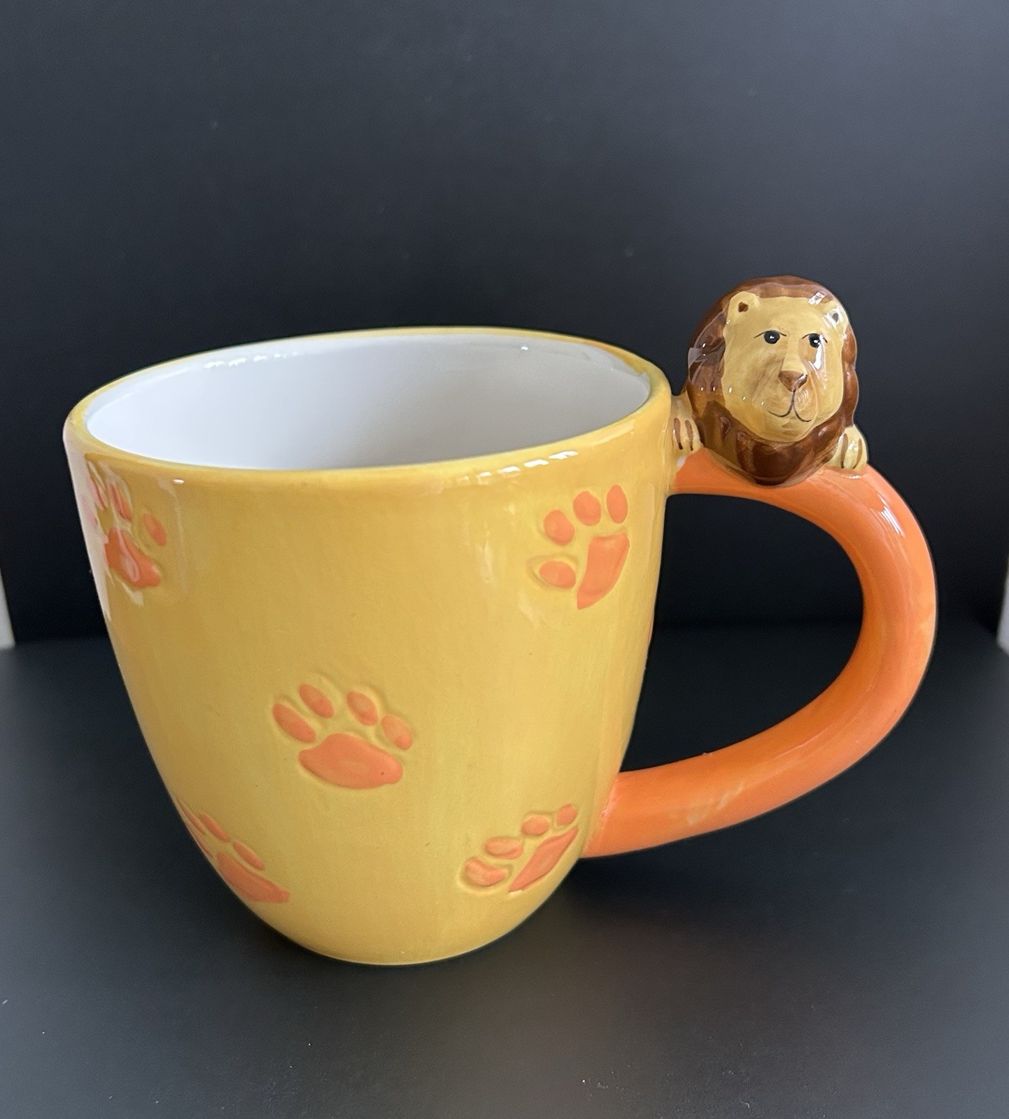 Lion Surprise Mug Pier 1 One Hand Painted Coffee Mug Yellow Orange Paw Prints