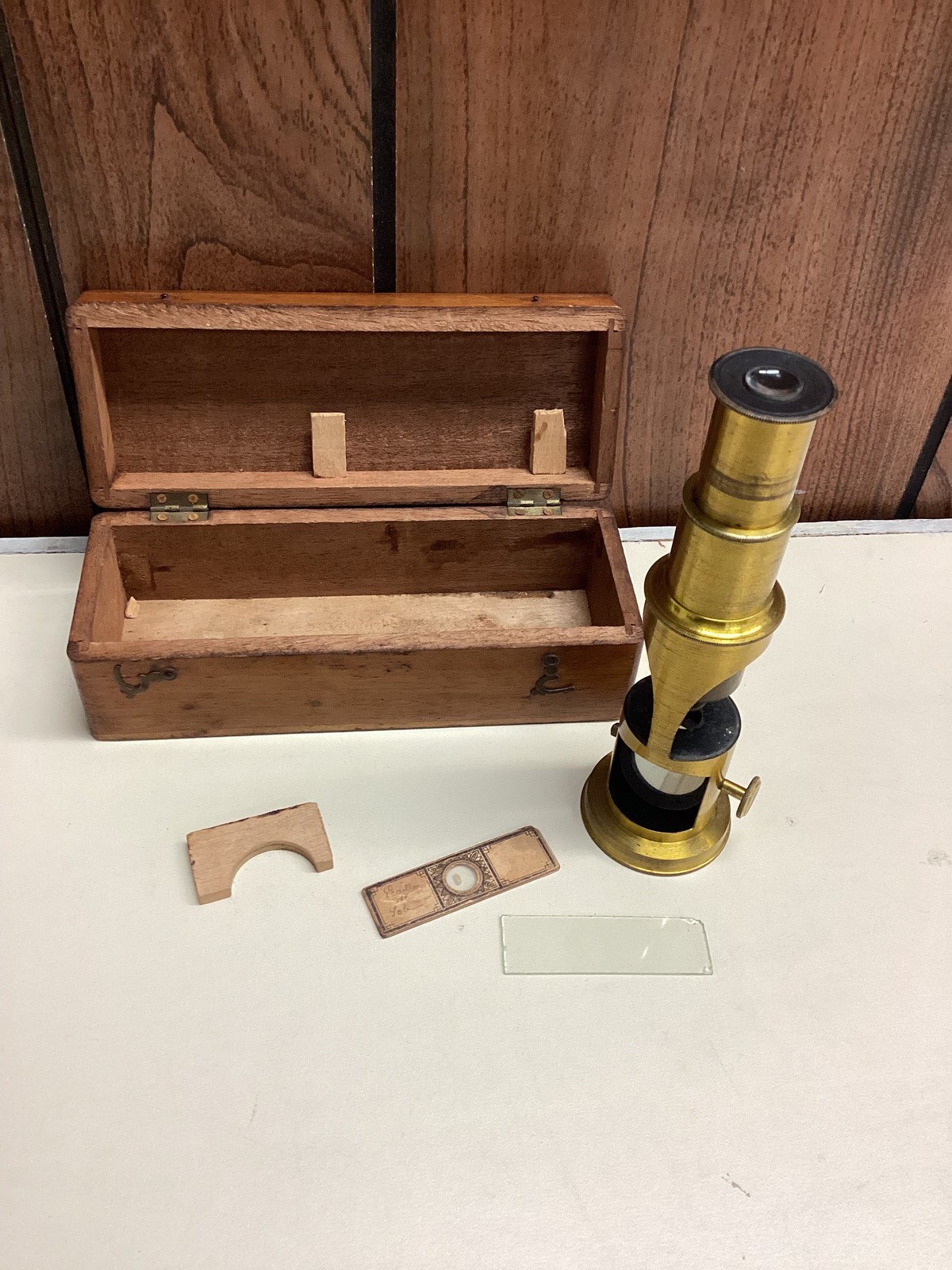 Antique Brass Field Microscope Drum Style Wooden Case Slide Lab Tool Set