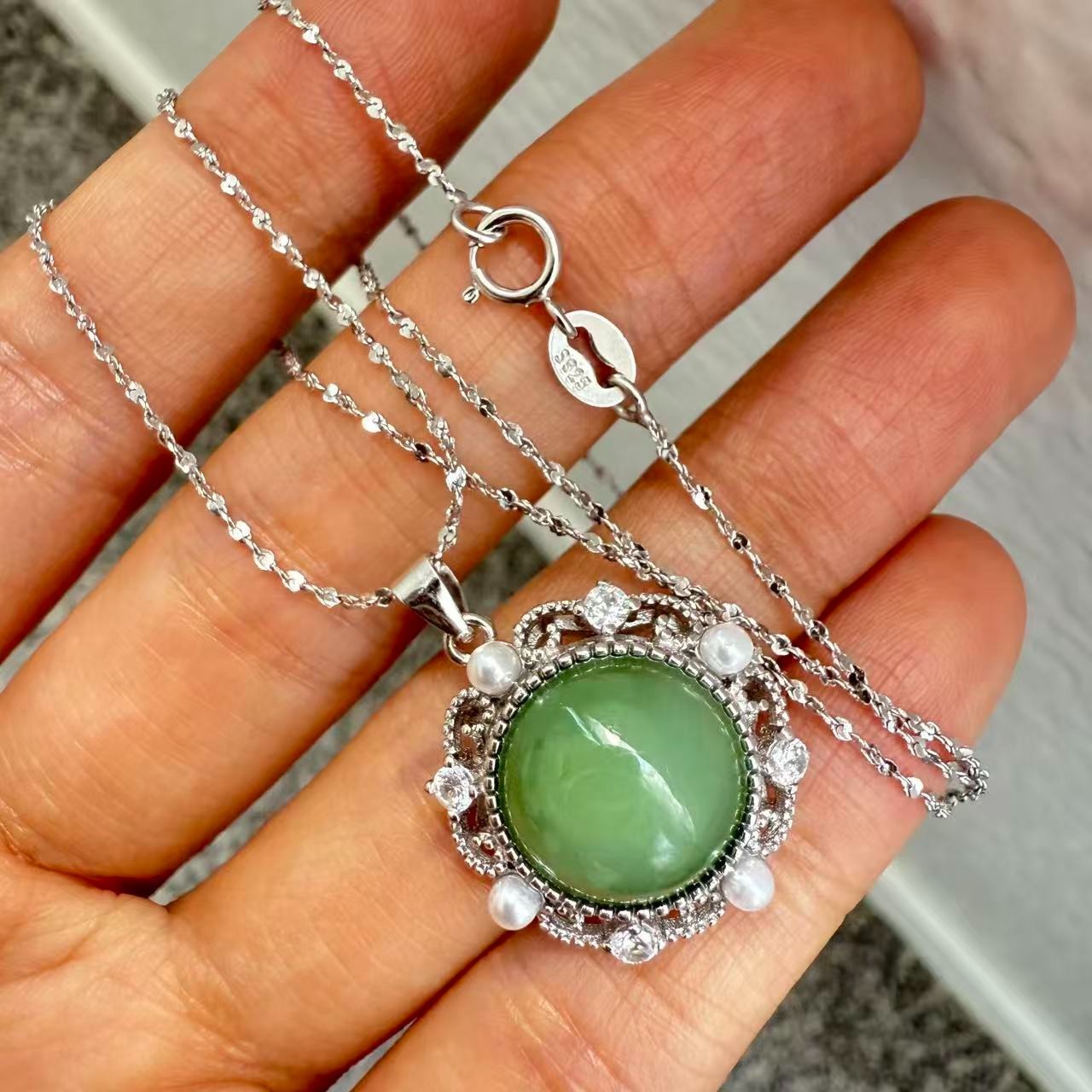 925 Sterling Silver Necklace 13mm Natural Emerald Gemstone Zircon Pearl Women