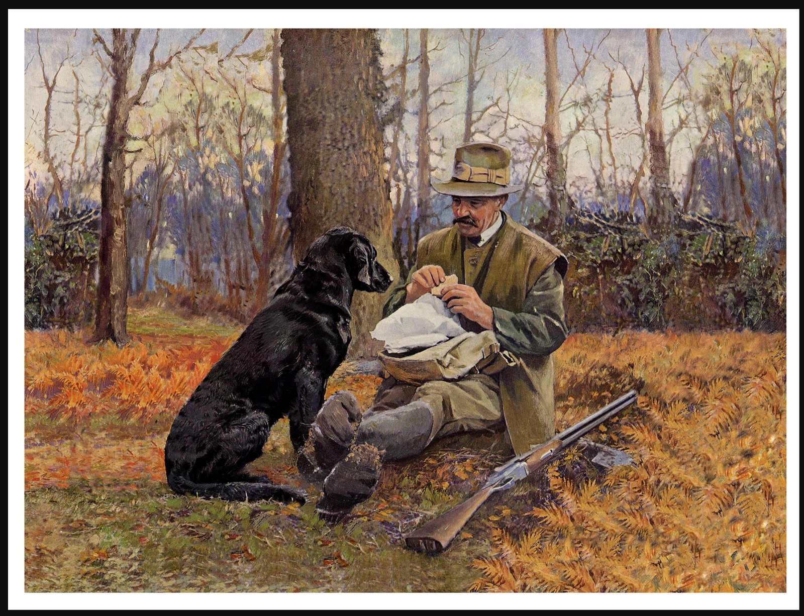 LABRADOR RETRIEVER DOG ART PRINT POSTER VINTAGE STYLE MAN SHARES LUNCH WITH DOG