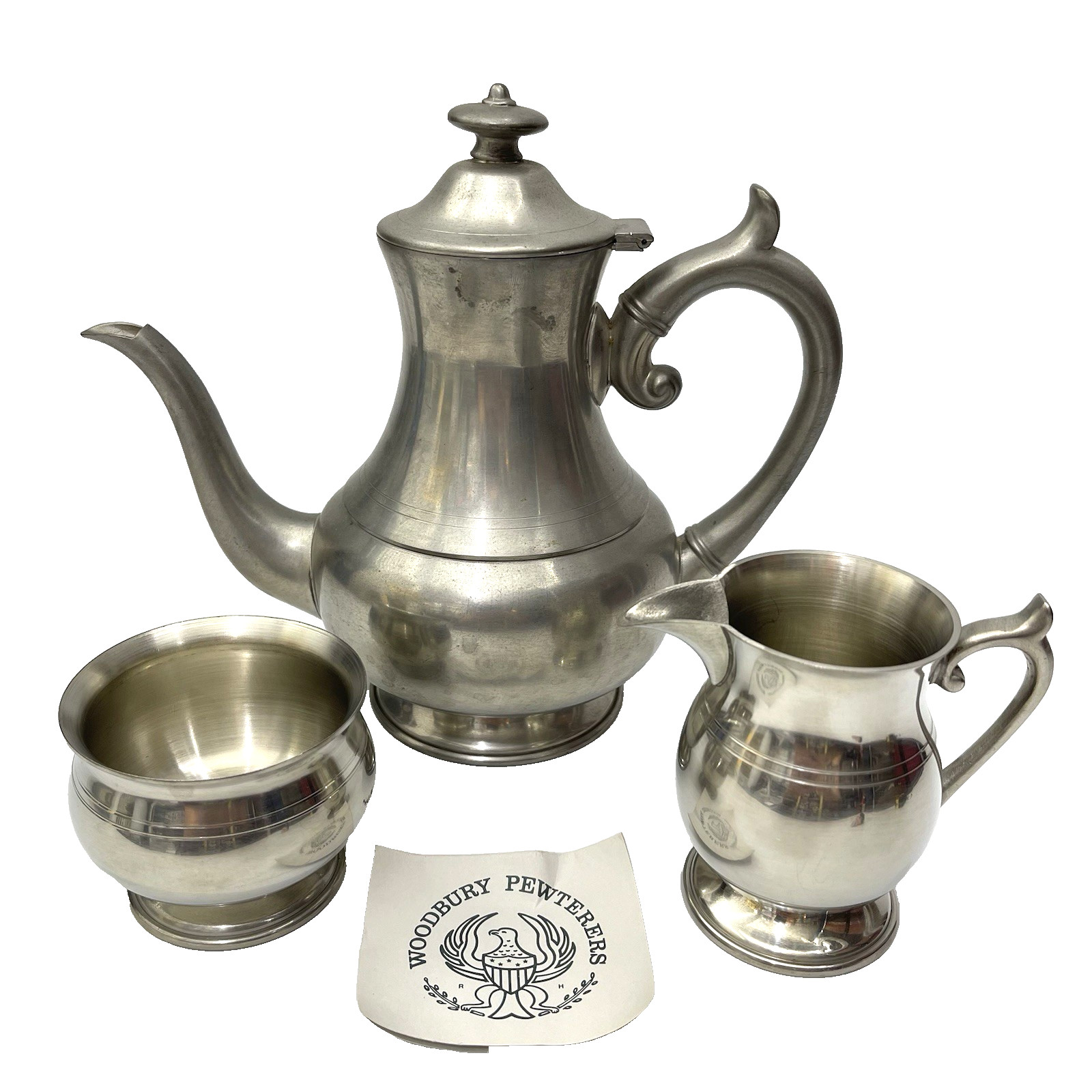Vintage 1980s Woodbury Pewterers Pewter Coffee Tea Set Pot Sugar Bowl Creamer