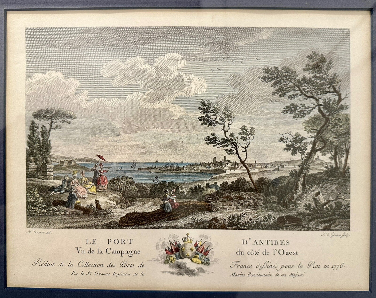 Vintage Original Hand colored Engraving Ozanne The Port D'Antibes 1819 Le Gouaz