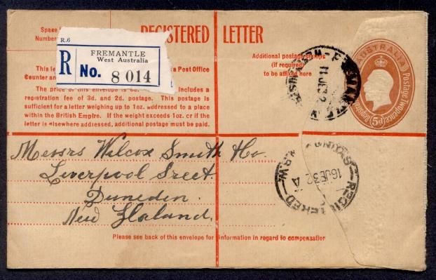 AUSTRALIA 1932 KGV 5D REG ENV TO NZ