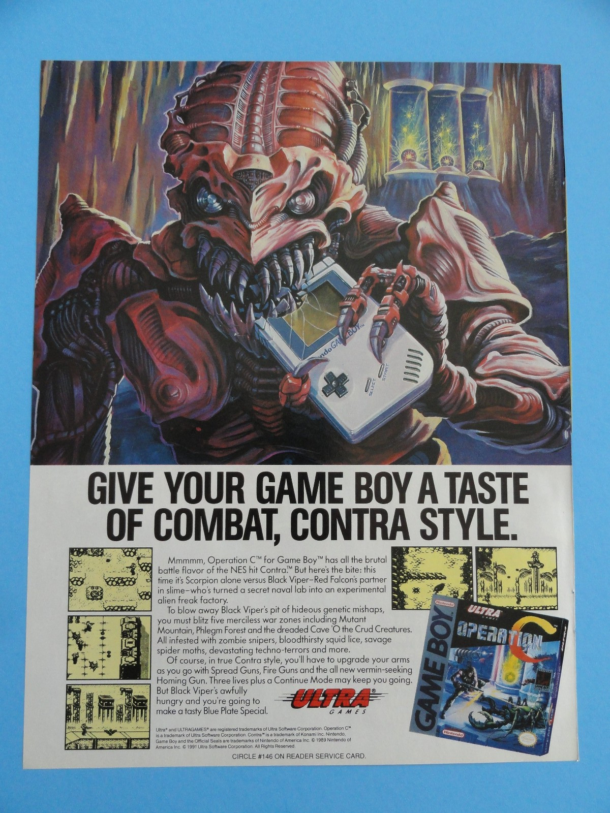 OPERATION C NINTENDO GAME BOY VINTAGE PRINT AD 8.5"X 11" - 1991