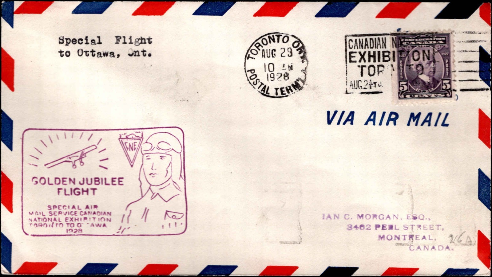 Canada 1928 Golden Jubilee Flight Toronto to Ottawa CNE Airmail Cover