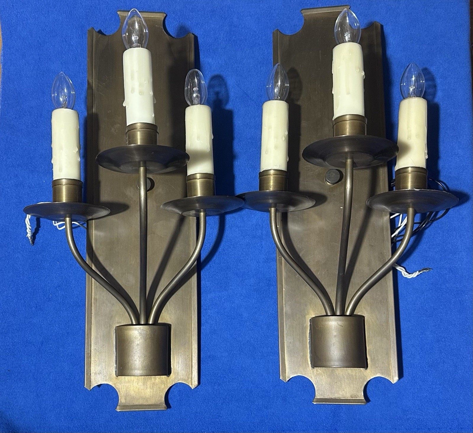 Pair 2 3-Arm Wall Sconces Lights French Country Colonial Brass Copper  15.5”