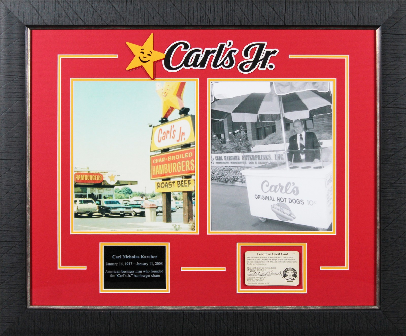Carl Karcher Carl's Jr. Signed & Framed Executive Guest Card Card BAS #AE09337