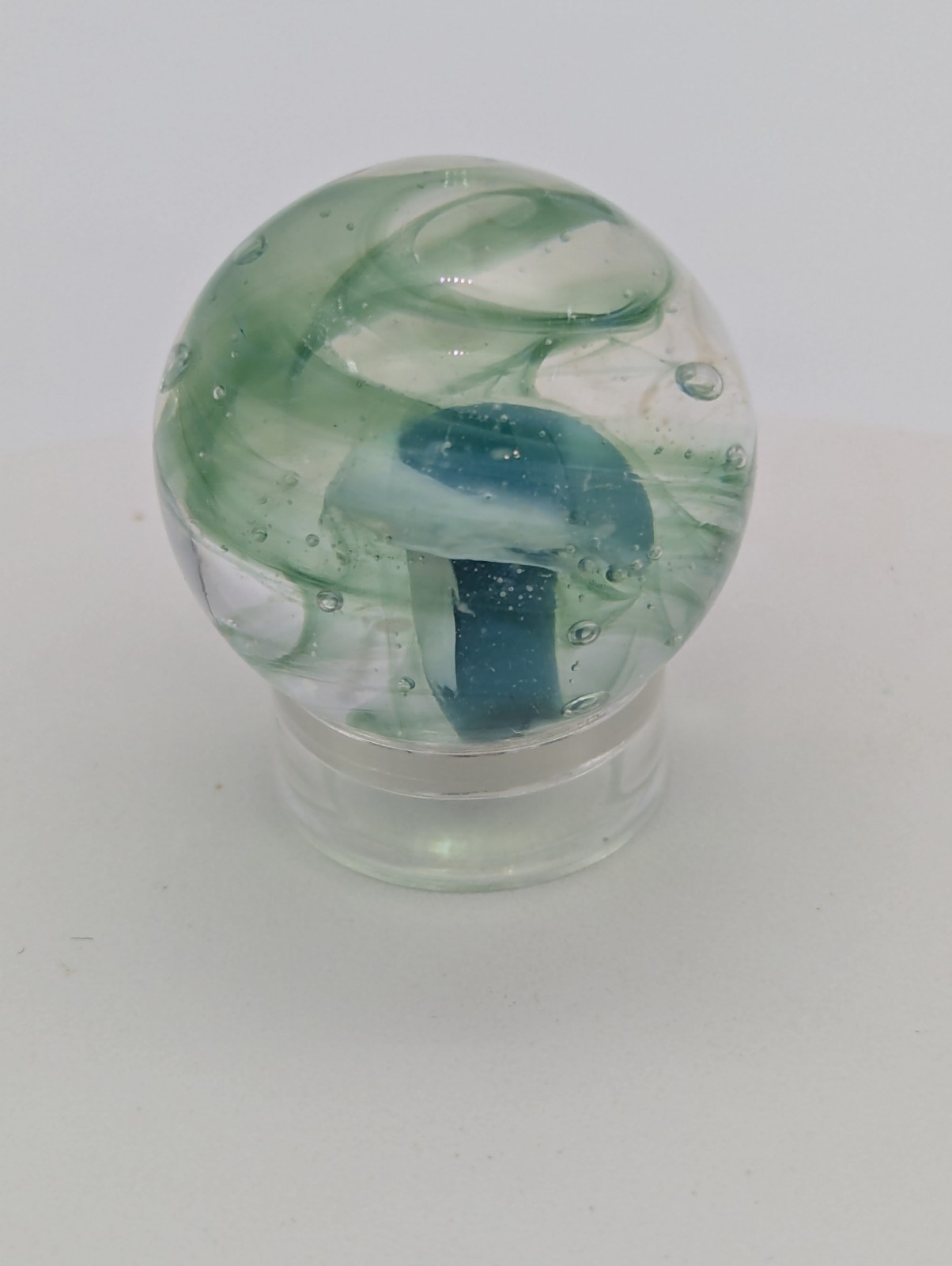 Handmade Glass Marble Blue & Green Swirl Mushroom Implosion Art 22mm COTTAGECORE