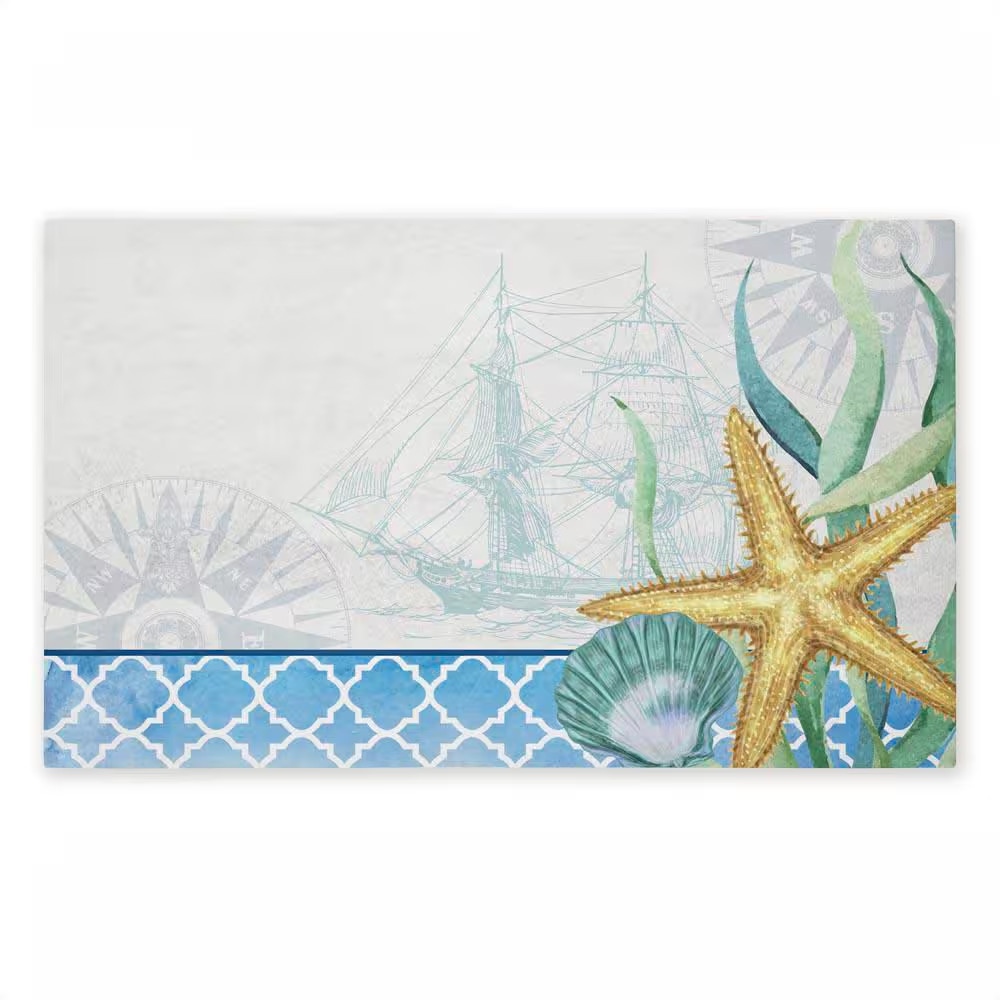 Bayside Sea Life & Ship Blue 18 In. X 30 In. Polyester Non-Slip Outdoor Door Mat