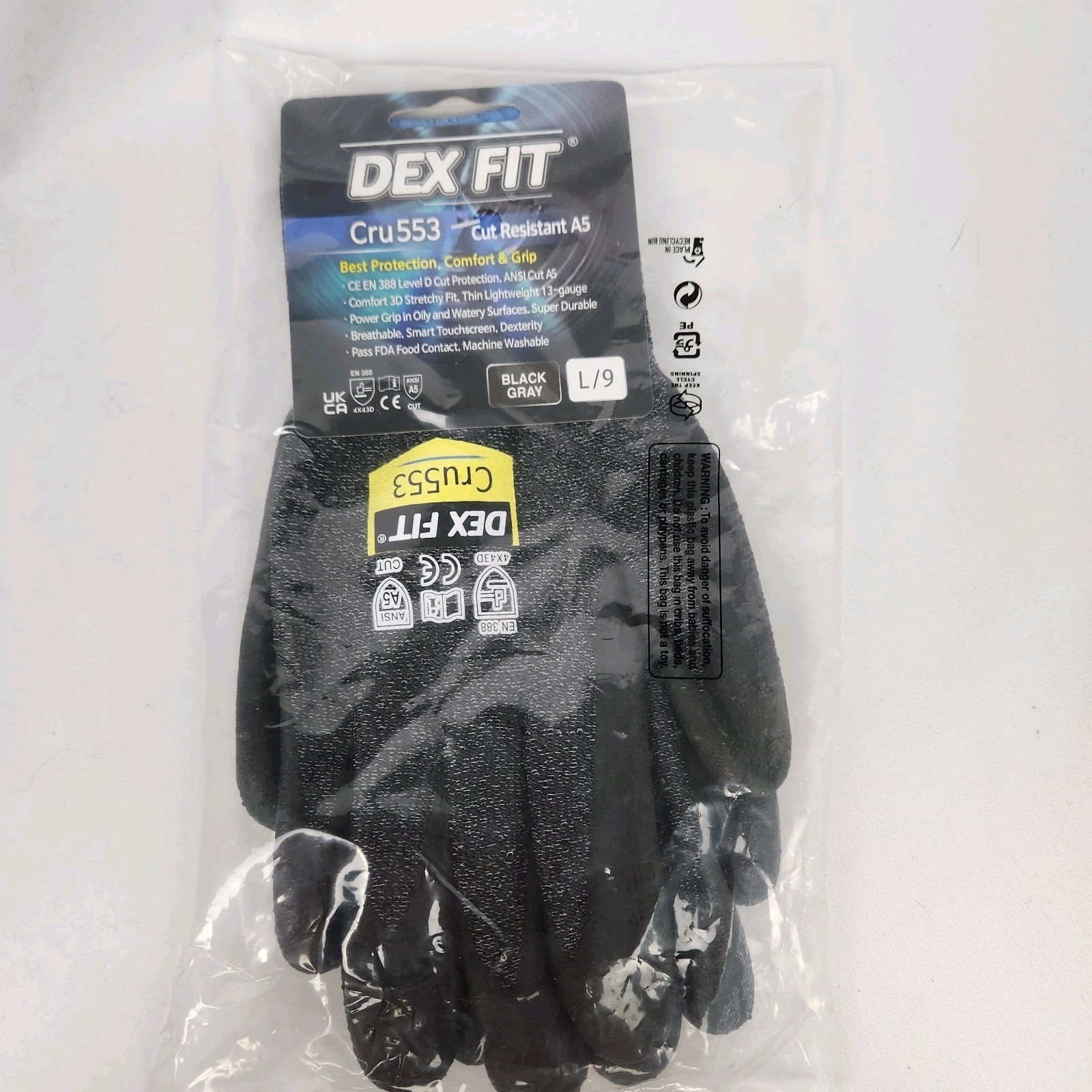 Dex Fit Level 5 Cut Resistant Gloves CRU553 Black Gray Single Pair Size Large/9