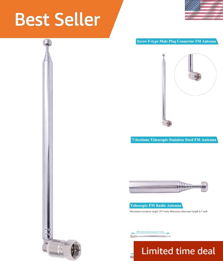 FM Radio Antenna, Telescopic 75 Ohm Screw F Type Male Jack Plug Connector Ada...