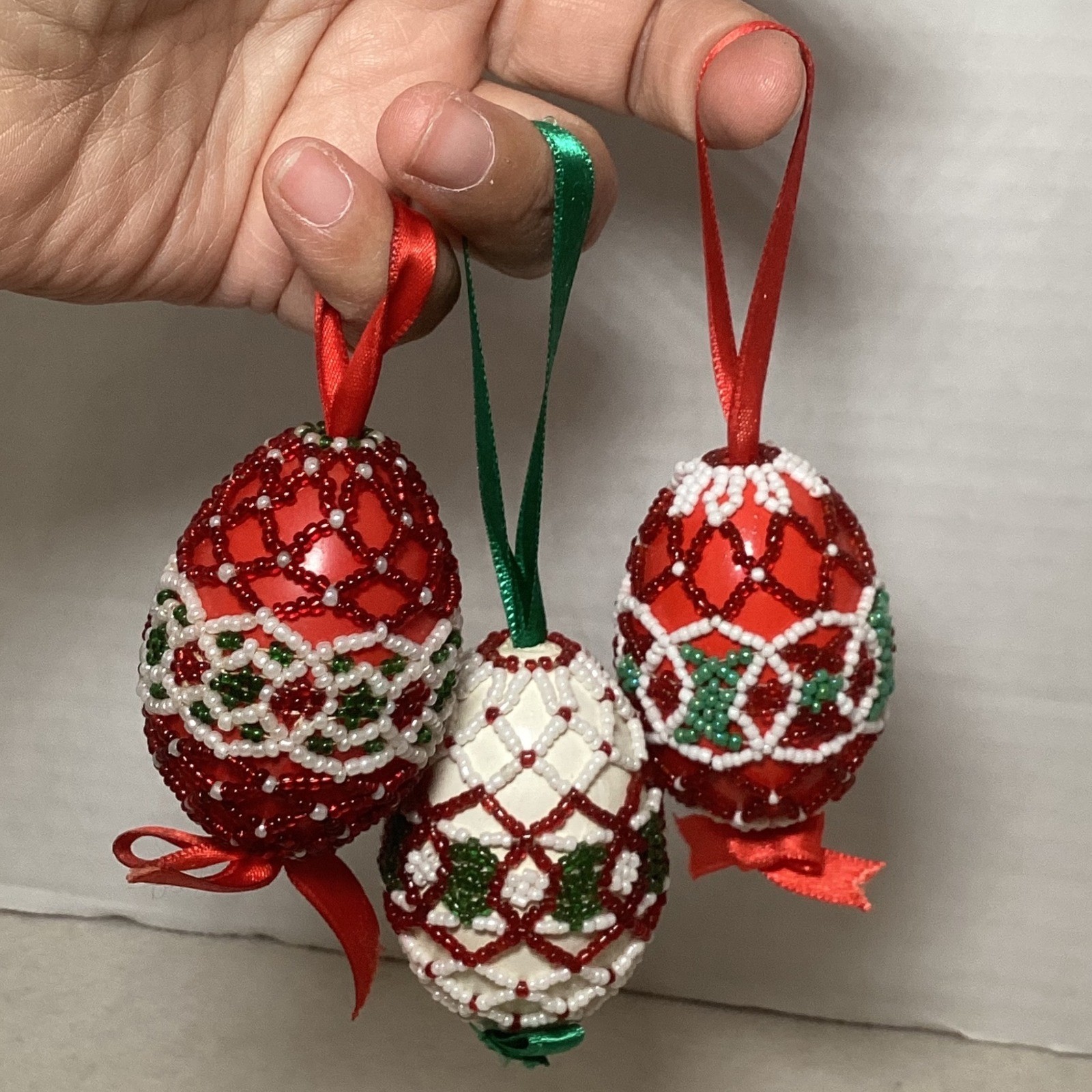 Set of 3 Hand Beaded Christmas Egg Ornaments Red White Green Lattice Design