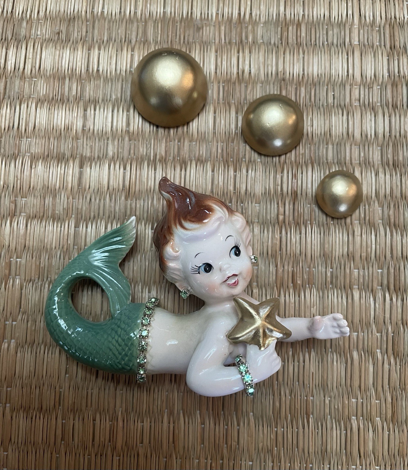 Norcrest Mermaid Wall Plaque Set with Sparkling Rhinestones and Gold Bubbles