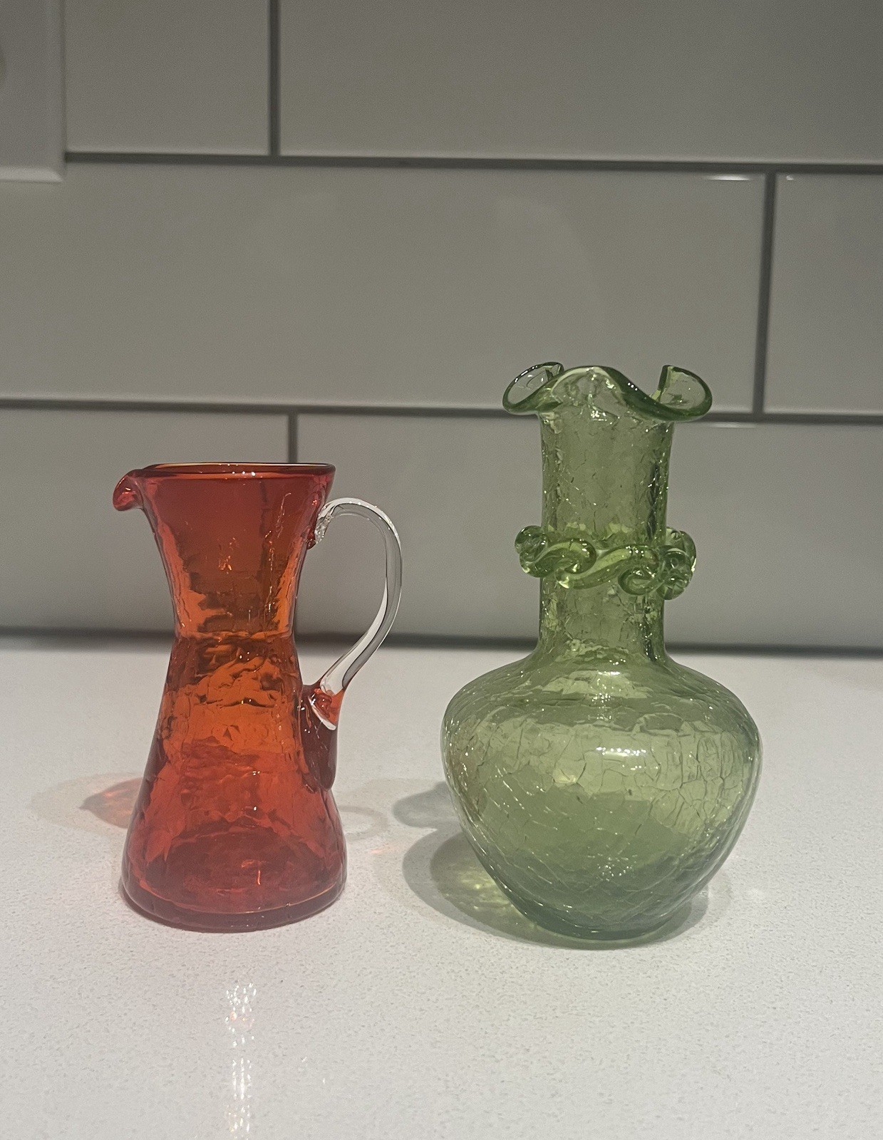 Pilgrim Glass Green Crackle Mini Vase & Orange Pitcher Applied Handle Lot of 2