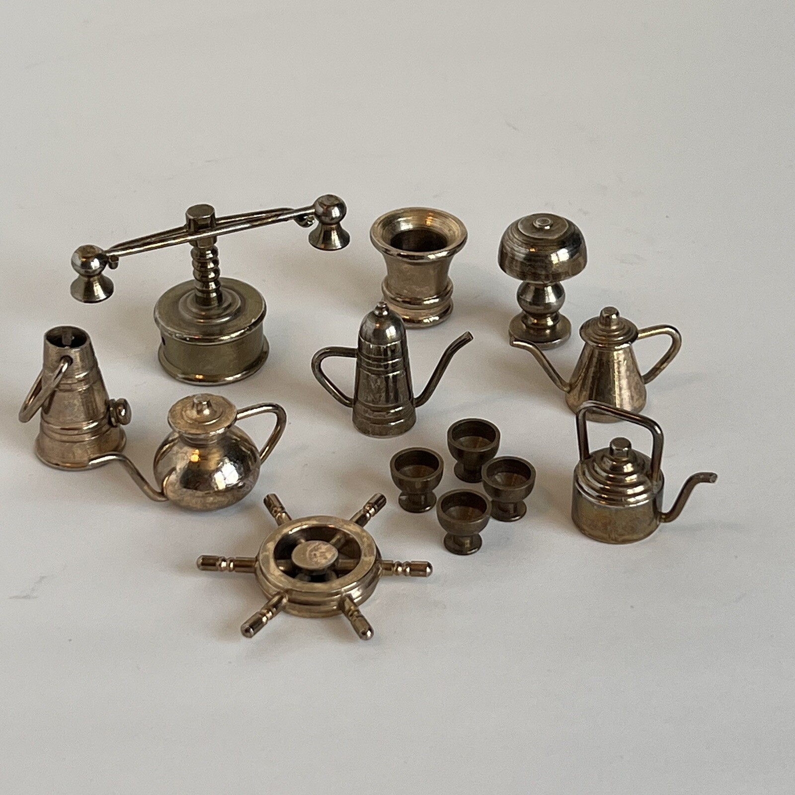13 Vintage Dollhouse Miniature Metal Housewares  Pitchers Can Cups Scale