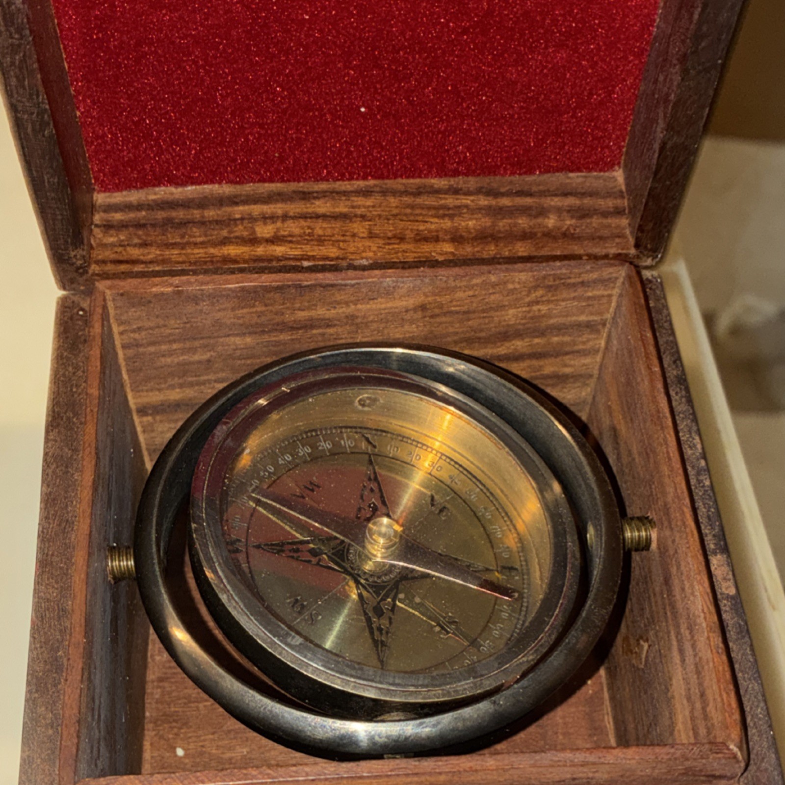 Brass Maritime Magnetic Compass with Wooden Case from India