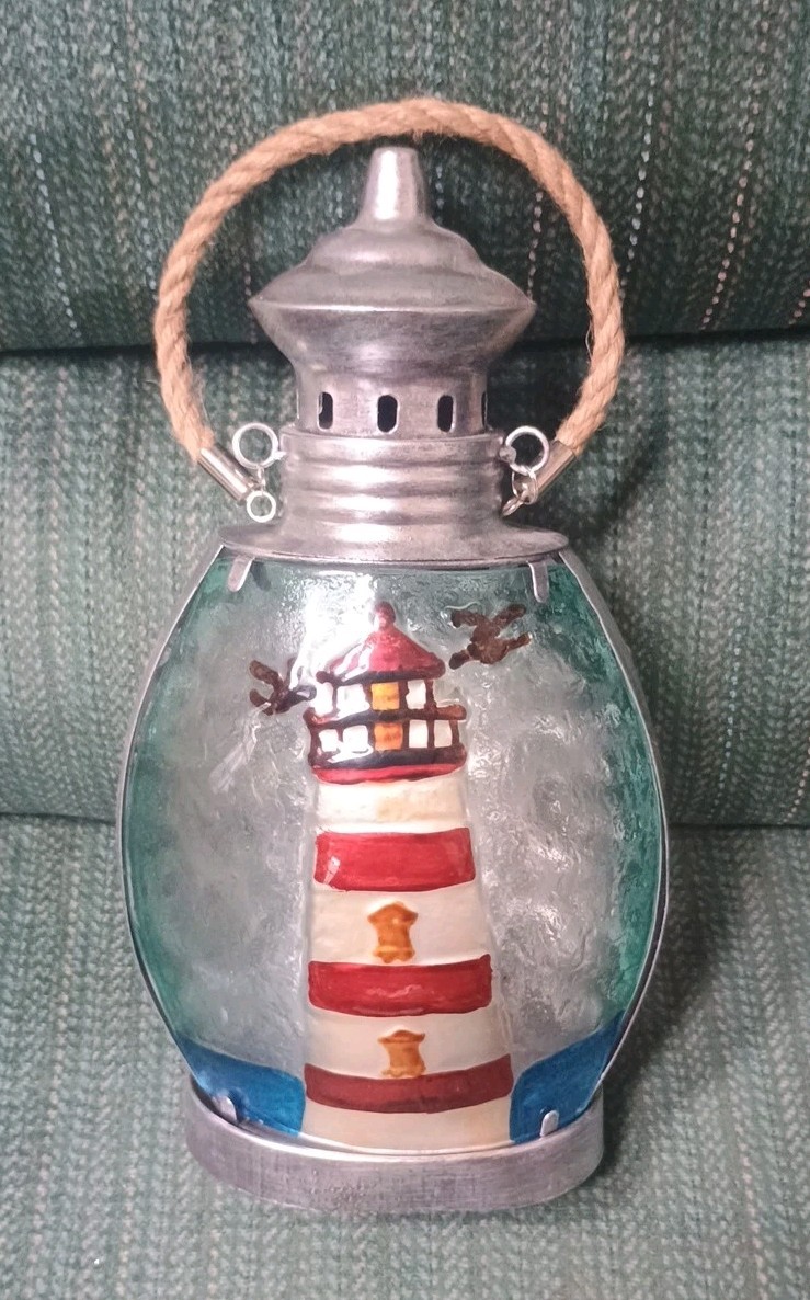 Nautical Lighthouse Lantern Battery Light Metal Stained Glass Coastal Decor