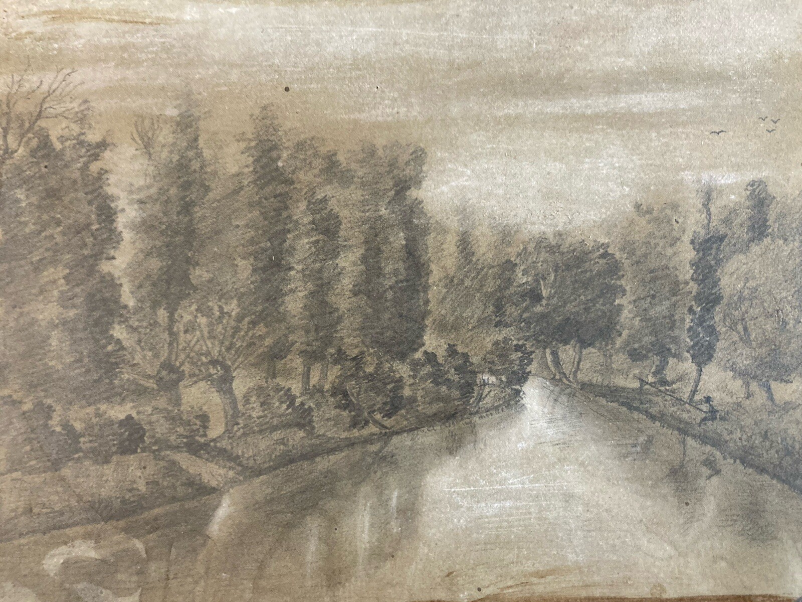 Very Nice Drawing Xixth 1900 Stone Black Antique Landscape River Peach Orvis Art