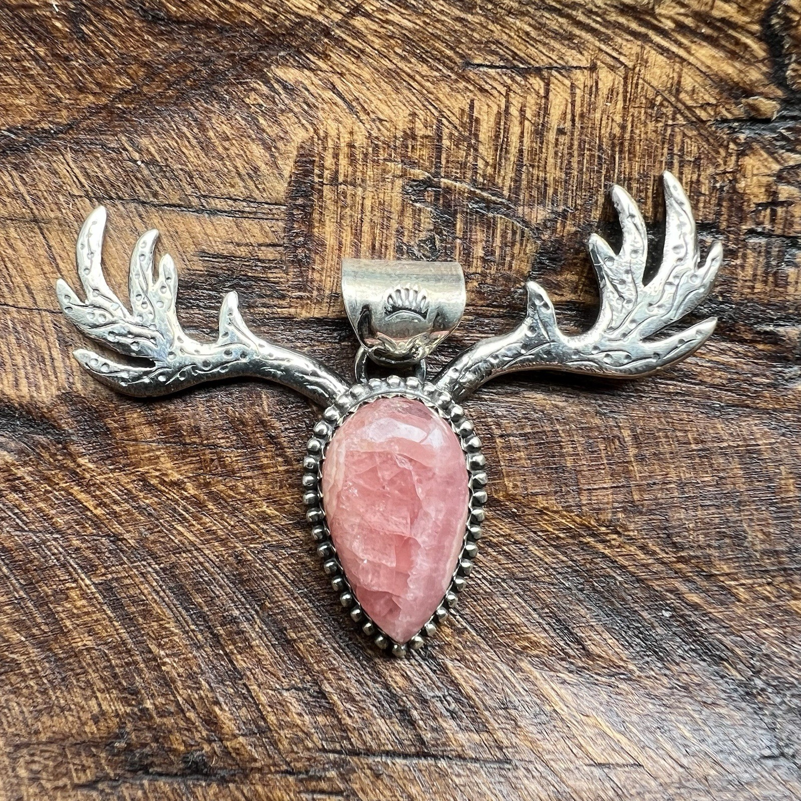 Sterling Silver Deer Antler Pendant Rhodochrosite Southwestern Western Jewelry