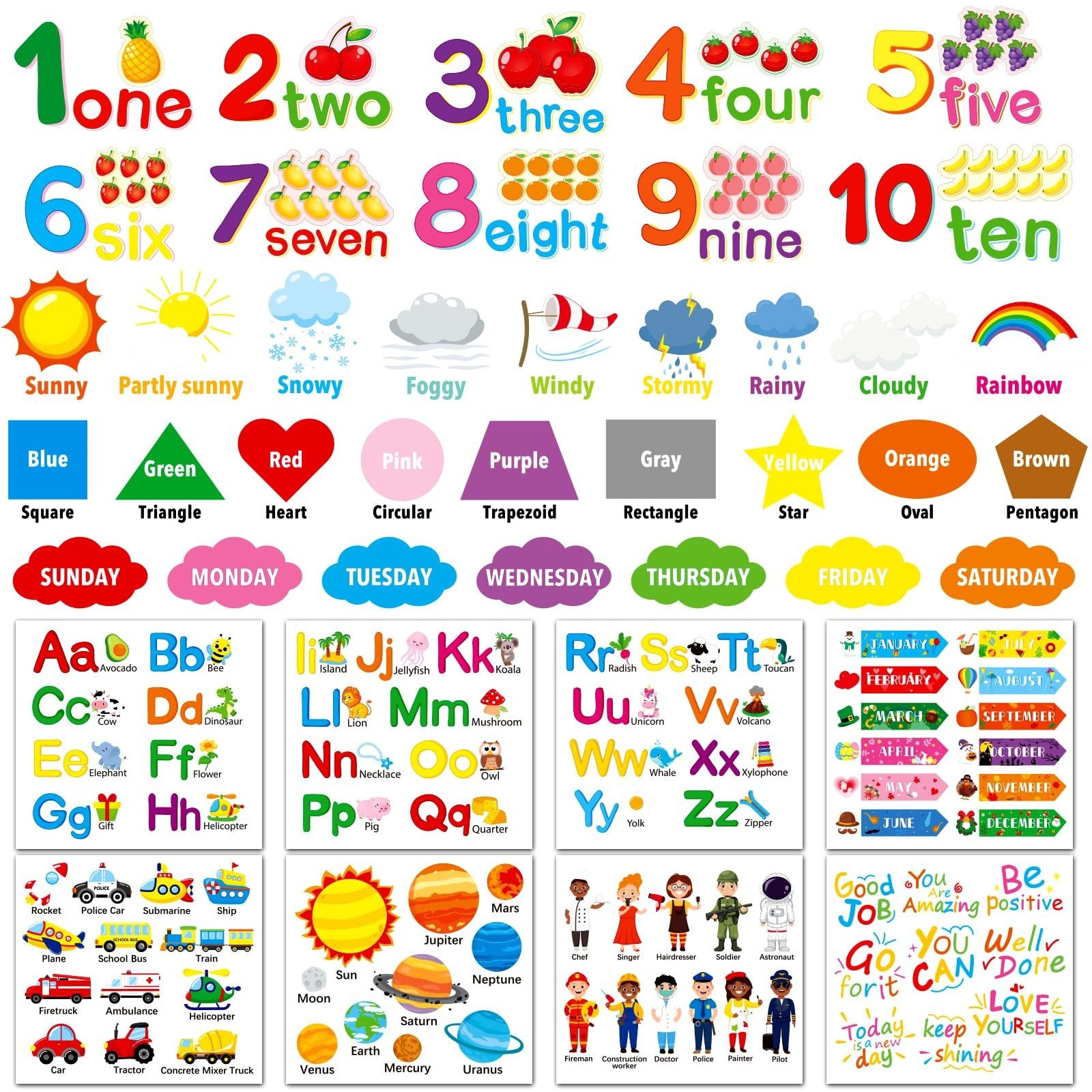 Alphabet Numbers Wall Decals 12 Sheets Color Weather Learning Educational Wal...