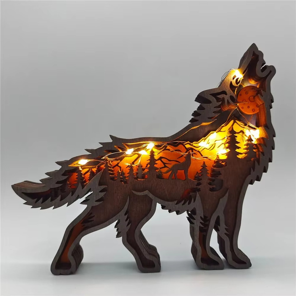 Wooden Animal LED Figurines Wolf Elk Bear Desktop Ornament Home Decor