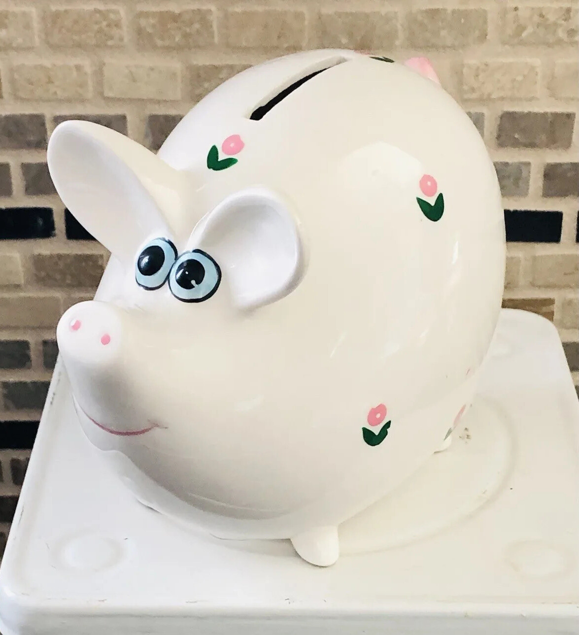 Ceramic Piggy Bank with Pink & Green Flowers Vintage