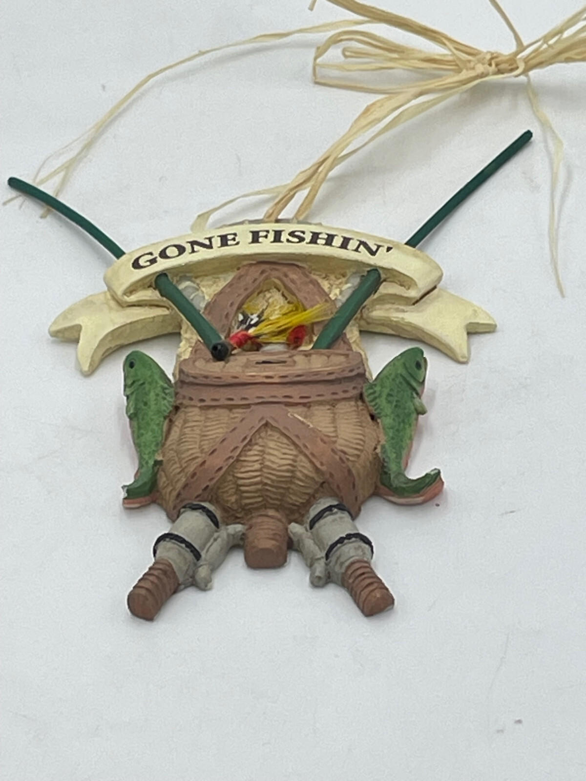 Christmas Ornament "Gone Fishing" Feather Fly Creel Fish
