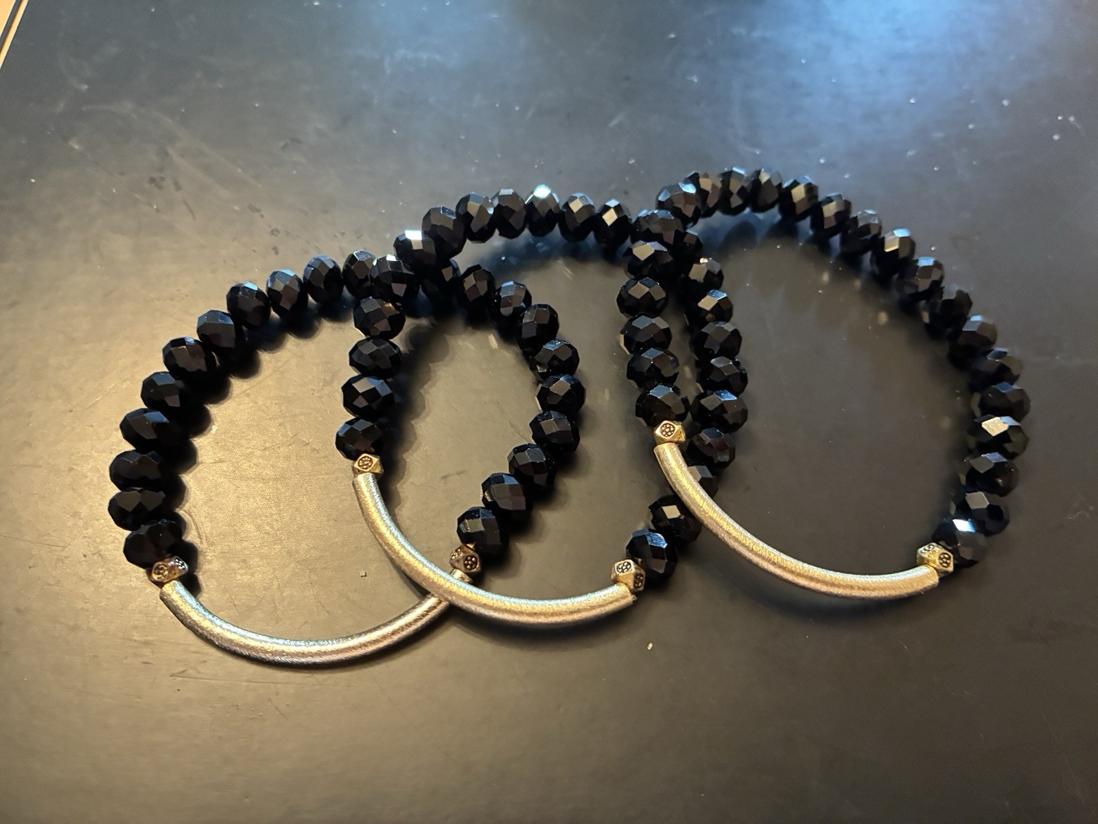 Set Of 3 Black Bead And Gold Stretch Bracelets