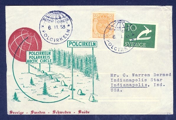 SWEDEN 1953 POLAR ARTIC CIRCLE CACHET TO USA