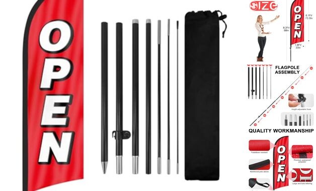 Feather Flag for Business with Pole and Ground Stake - 8ft Open Sign 