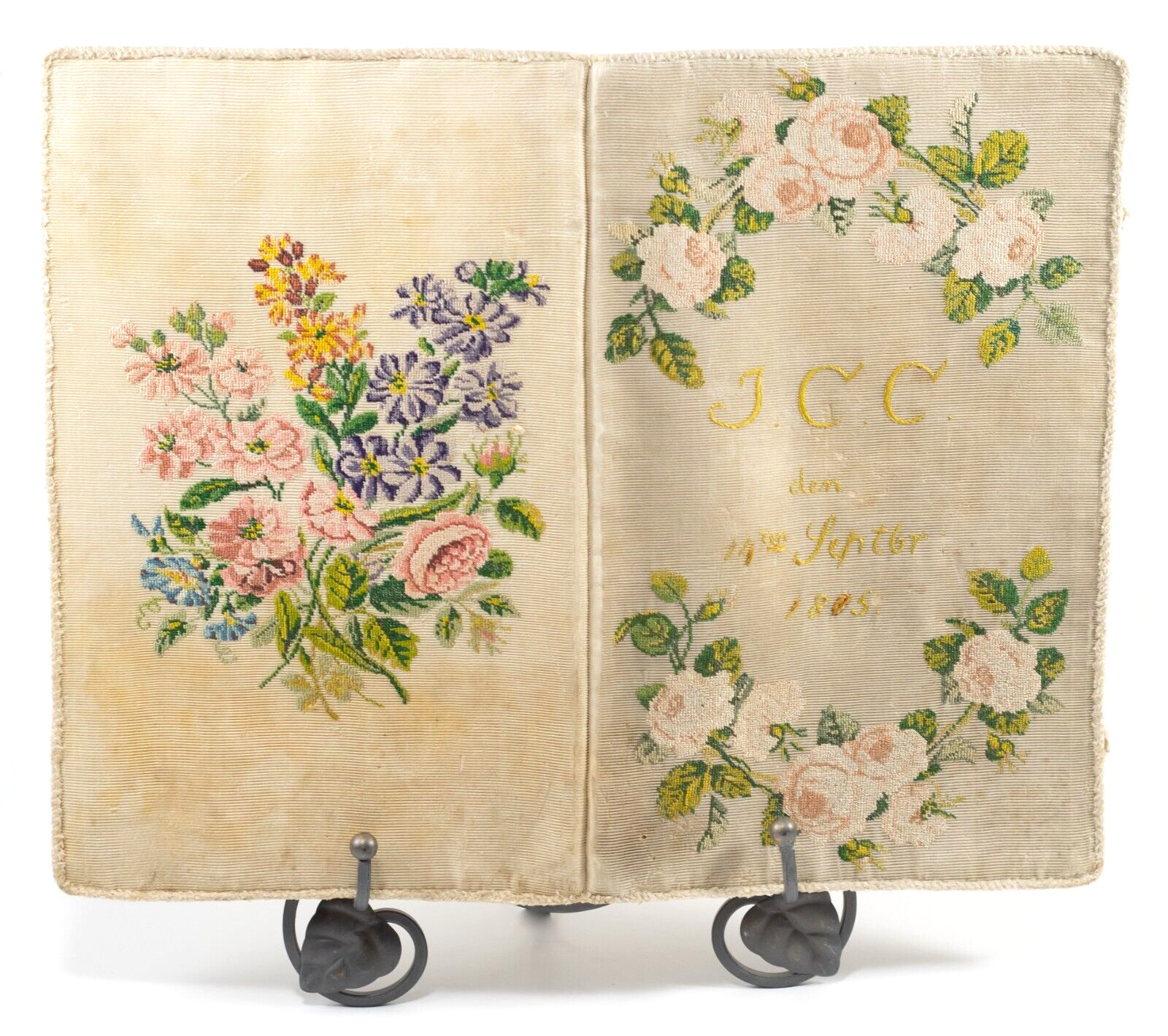 Early 19th Century German Needlepoint Letter Folder 1805 Flowers Roses