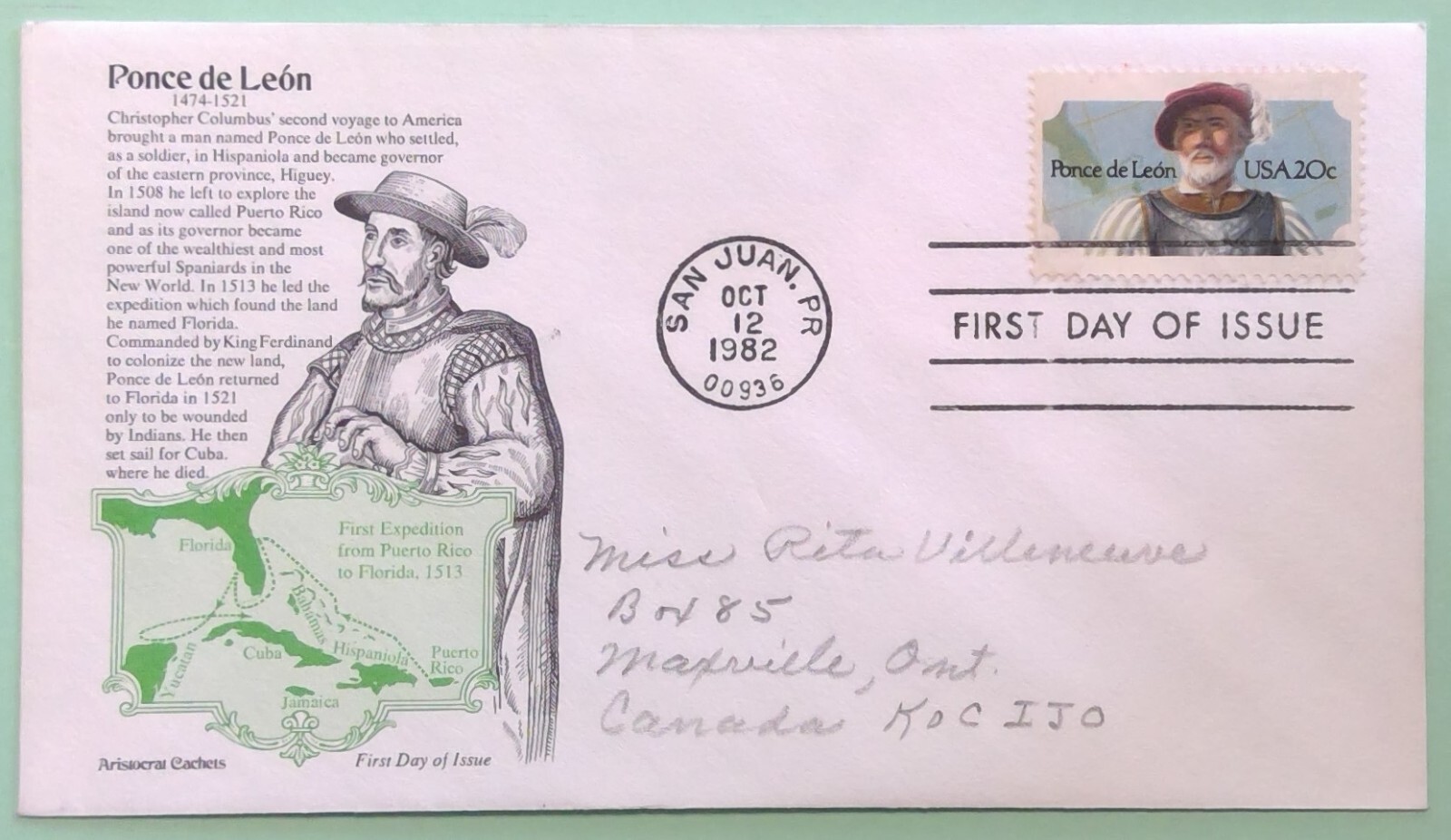 Scott 2024 FDC Ponce de Leon Aristocrat Cachet ADDRESSED