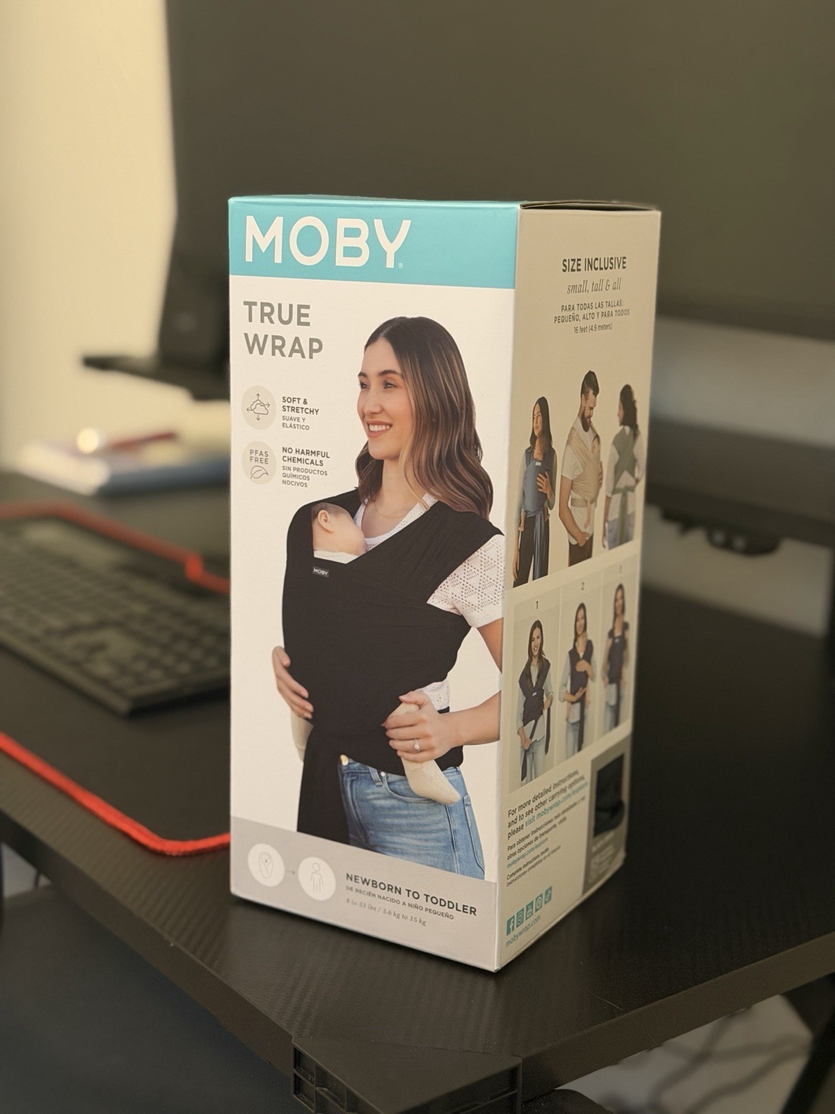 Moby True Wrap Baby Wrap Black Hands-Free Bonding Size Adjustable Infant Toddler