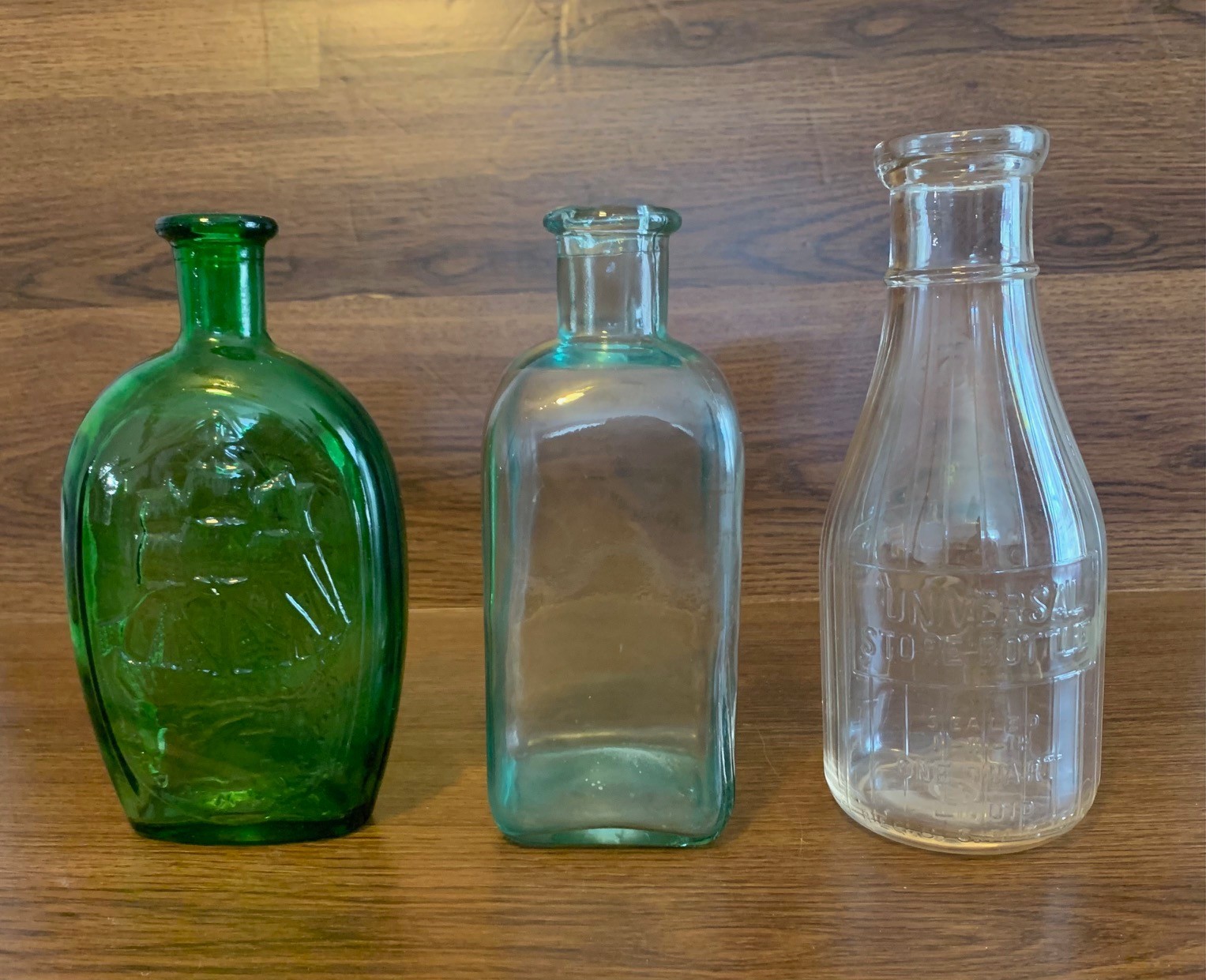 Lot of (3) Vintage Glass Bottles / Bud Vases: Green, Aqua, Clear 8.5" - 9" Tall