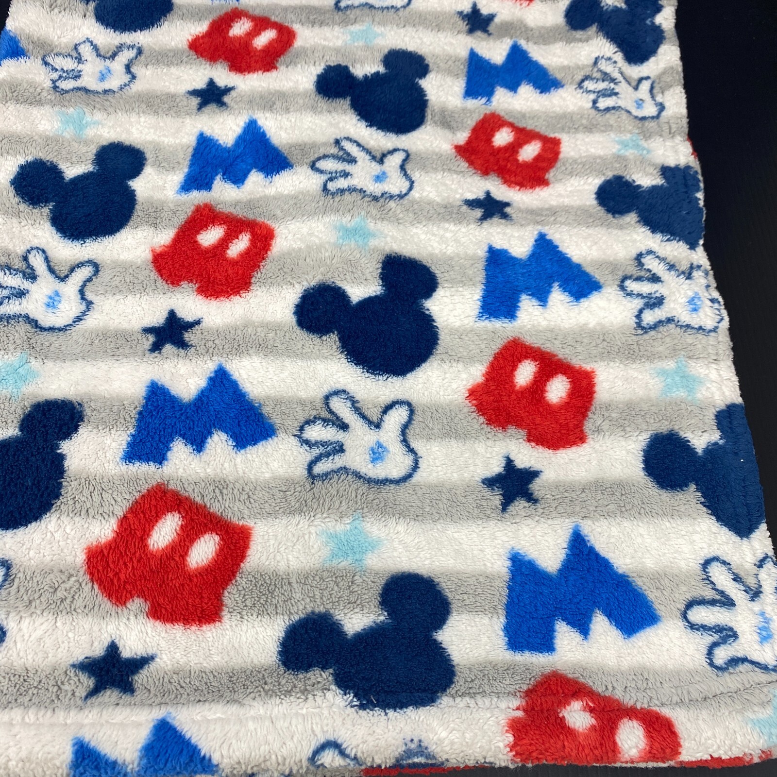 Disney Hidden Mickey Mouse Baby Blanket Gray Stripes Red Blue Shorts Hands Stars