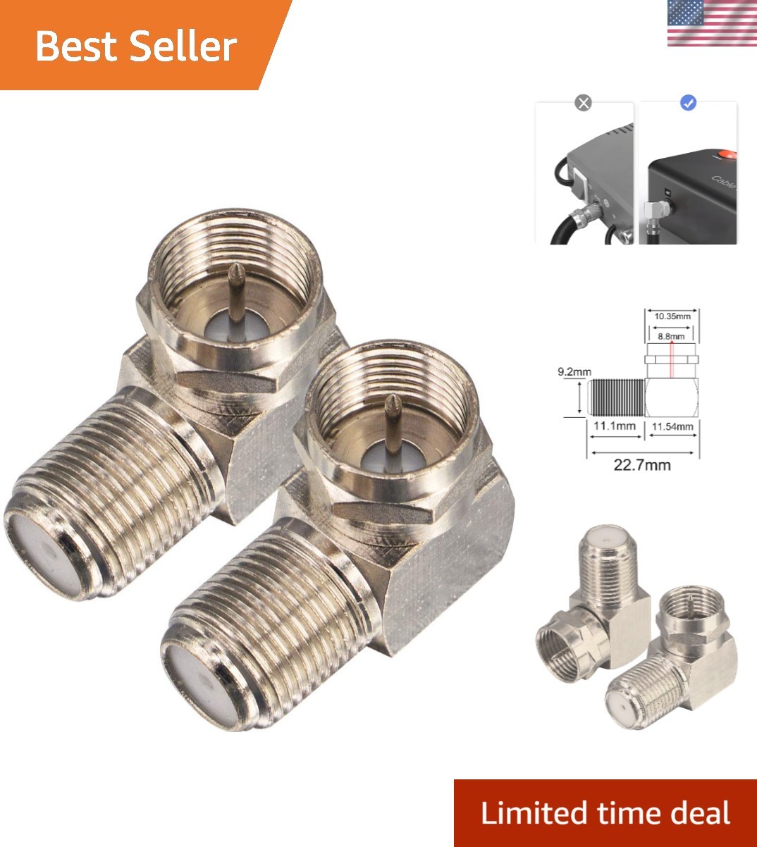 Compact 90 Degree Coaxial Cable Adapter - F Type Male to Female (Pack of 2)