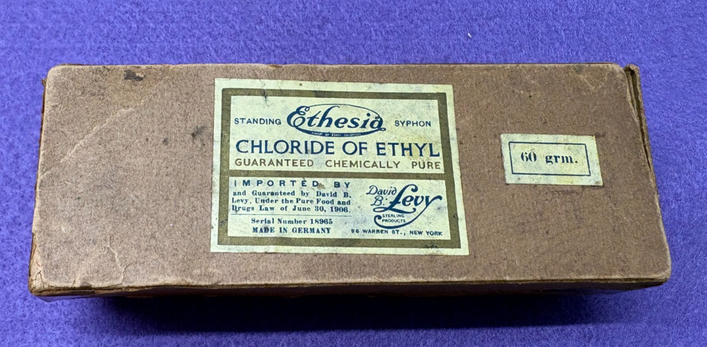 Vintage Ethesia Chloride of Ethyl Empty Bottle & Box David Levy Co 60 grm