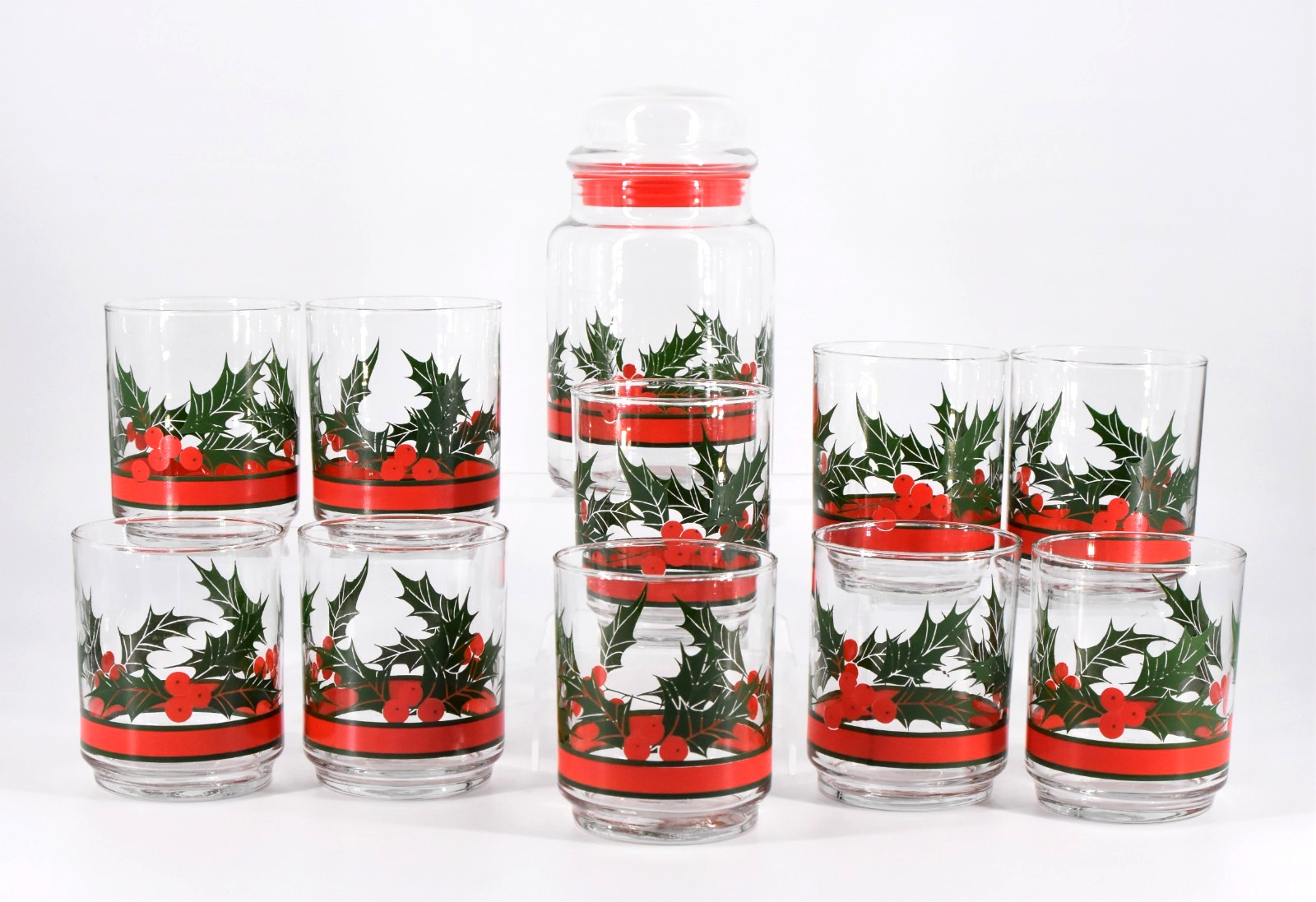 Libbey Holly Berry (10) Lowball Rocks Glasses and  (1) Canister 12-Pc Vintage